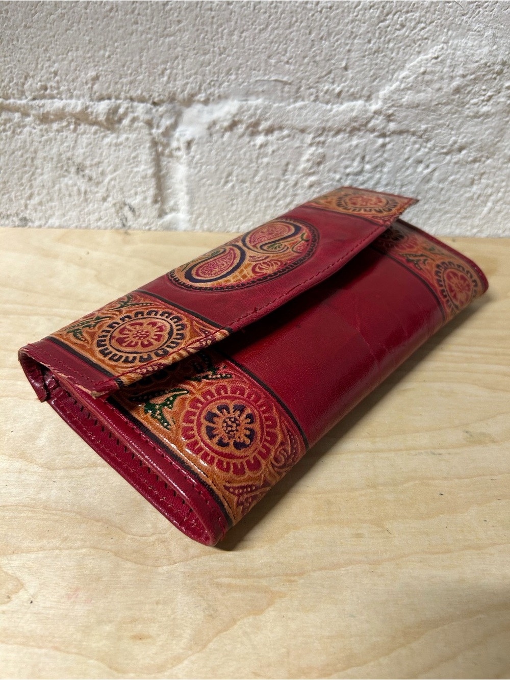 Shantiniketan Hand-embossed Red Leather Women’s Long Wallet Clutch